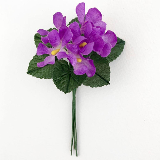 6 Purple Fabric Violets with Leaves ~ Austria ~ 1"